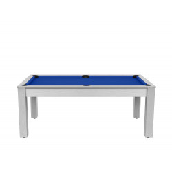 Billard Arizona 7 pieds convertible en table à manger 8 personnes Coloris blanc boisé tapis bleu De Faugères A002A018A030A075