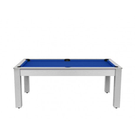 Billard Arizona 7 pieds convertible en table à manger 8 personnes Coloris blanc boisé tapis bleu De Faugères A002A018A030A075