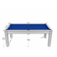 Billard Arizona 7 pieds convertible en table à manger 8 personnes Coloris blanc boisé tapis bleu De Faugères A002A018A030A075