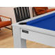 Billard Arizona 7 pieds convertible en table à manger 8 personnes Coloris blanc boisé tapis bleu De Faugères A002A018A030A075