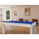 Billard Arizona 7 pieds convertible en table à manger 8 personnes Coloris blanc boisé tapis bleu De Faugères A002A018A030A075