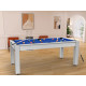 Billard Arizona 7 pieds convertible en table à manger 8 personnes Coloris blanc boisé tapis bleu De Faugères A002A018A030A075