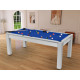 Billard Arizona 7 pieds convertible en table à manger 8 personnes Coloris blanc boisé tapis bleu De Faugères A002A018A030A075