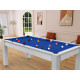 Billard Arizona 7 pieds convertible en table à manger 8 personnes Coloris blanc boisé tapis bleu De Faugères A002A018A030A075