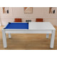 Billard Arizona 7 pieds convertible en table à manger 8 personnes Coloris blanc boisé tapis bleu De Faugères A002A018A030A075