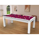 Billard Arizona 7 pieds convertible en table à manger 8 personnes Coloris blanc laqué tapis prune De Faugères A003A022A034A074