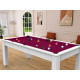 Billard Arizona 7 pieds convertible en table à manger 8 personnes Coloris blanc laqué tapis prune De Faugères A003A022A034A074