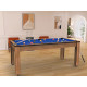 Billard Arizona 7 pieds convertible en table à manger 8 personnes Coloris hêtre boisé tapis bleu De Faugères A007A018A030A077