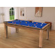 Billard Arizona 7 pieds convertible en table à manger 8 personnes Coloris hêtre boisé tapis bleu De Faugères A007A018A030A077