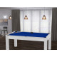 Billard Texas 6 pieds convertible en table à manger 6 personnes Coloris blanc boisé tapis bleu De Faugères A010A024A036A075