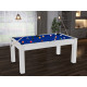 Billard Texas 6 pieds convertible en table à manger 6 personnes Coloris blanc boisé tapis bleu De Faugères A010A024A036A075