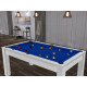 Billard Texas 6 pieds convertible en table à manger 6 personnes Coloris blanc boisé tapis bleu De Faugères A010A024A036A075